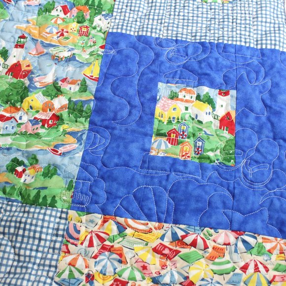 Vintage Handmade Patchwork Quilt Cotton Beach Ocean Seaside Theme - Picture 10 of 15